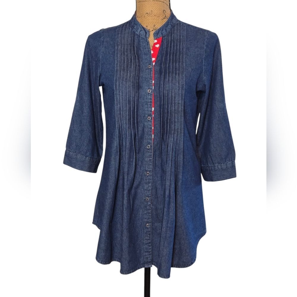 ZOVI Denim Button-Up Tunic Top 3/4 Sleeve Red Heart Trim Sz Medium